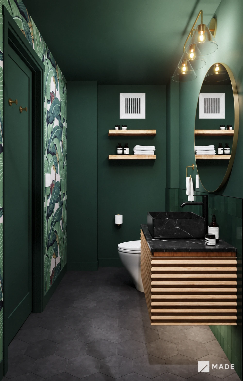 Archived bathroom design with showers, vanities