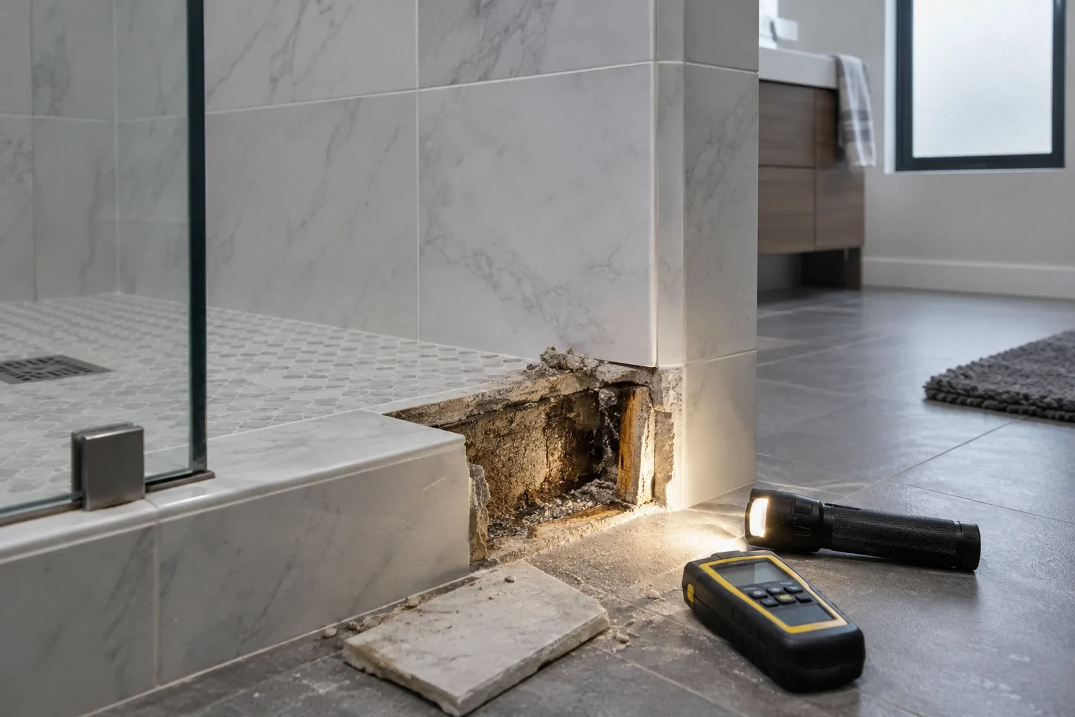 Shower curb opened to check for water damage during a pre-purchase investigation.