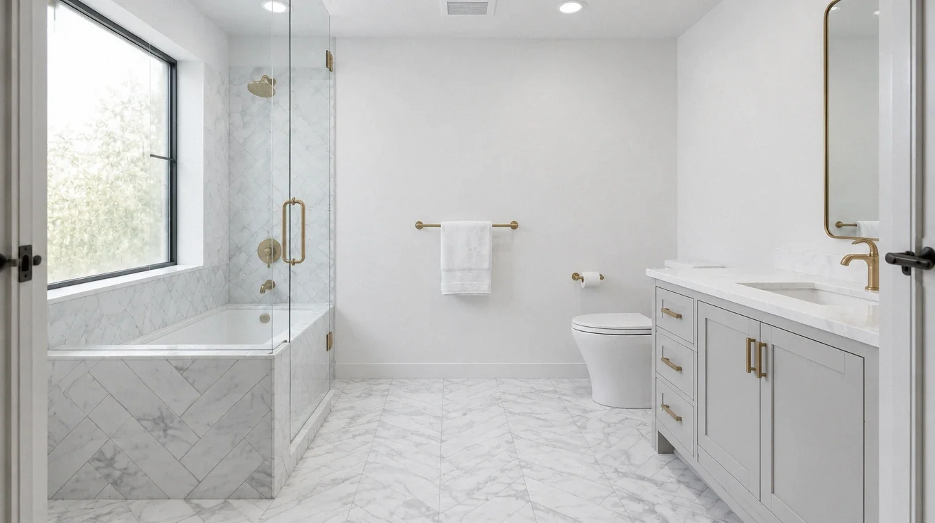 Bright white marble bathroom with a glass-enclosed bathtub on the left, a light grey vanity on the right and brass fixtures